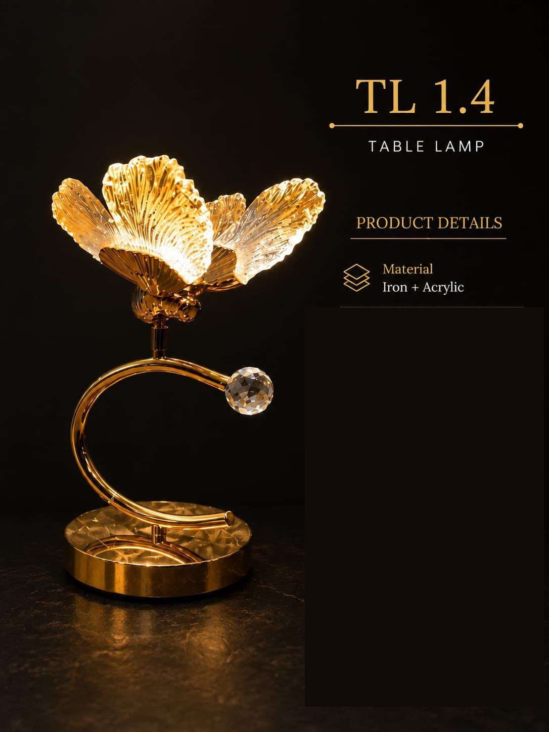 Amber Acrylic Butterfly Table Lamp on Golden C-curve Stand
