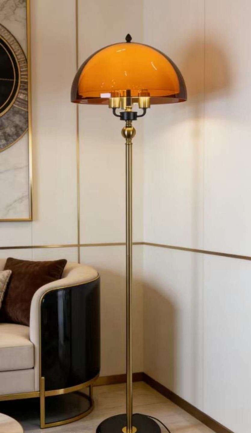 Amber Dome Floor Lamp with Brass Pole and Black Marble Base