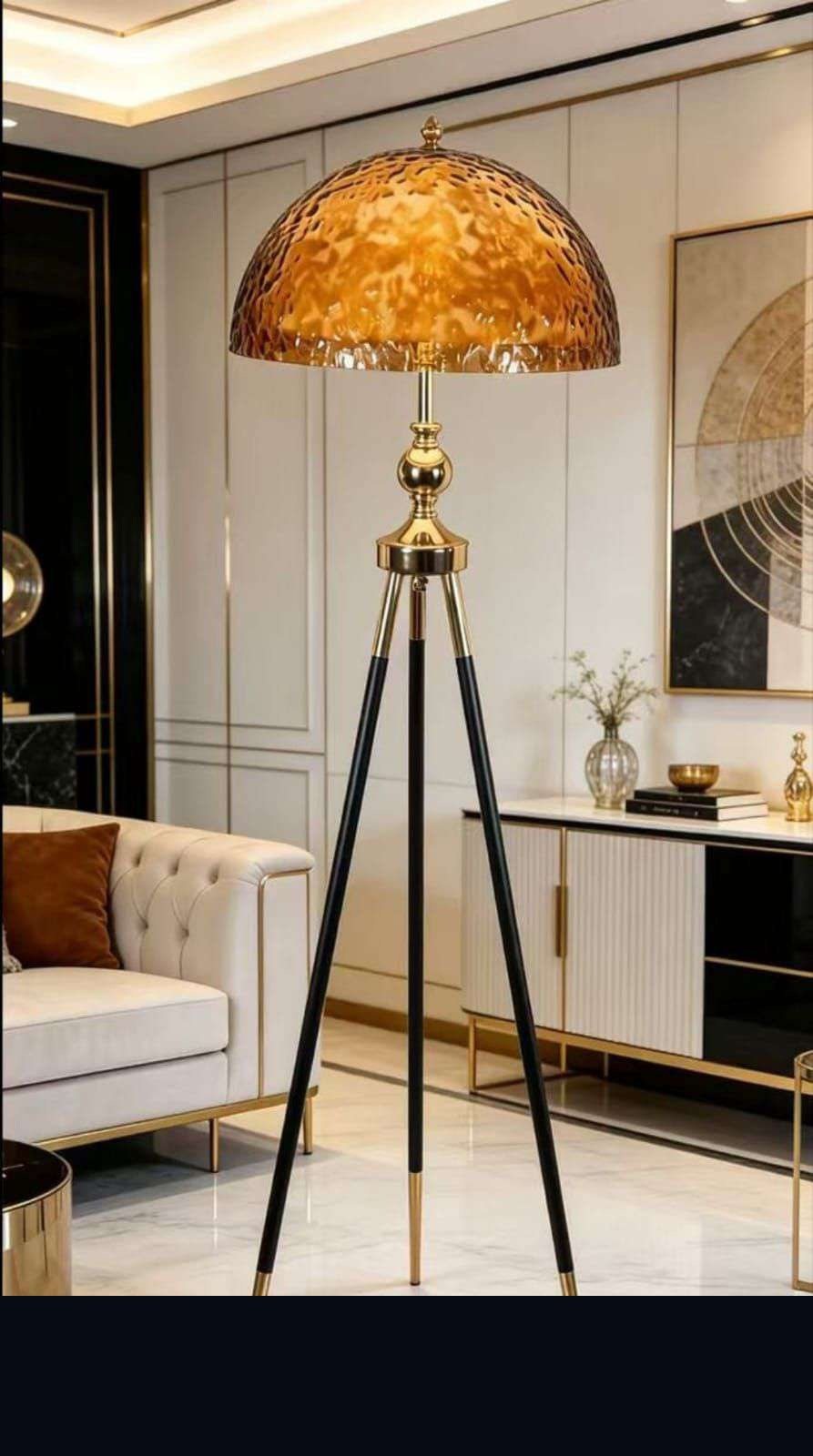 Amber Hammered Dome Tripod Floor Lamp, Black & Gold Legs