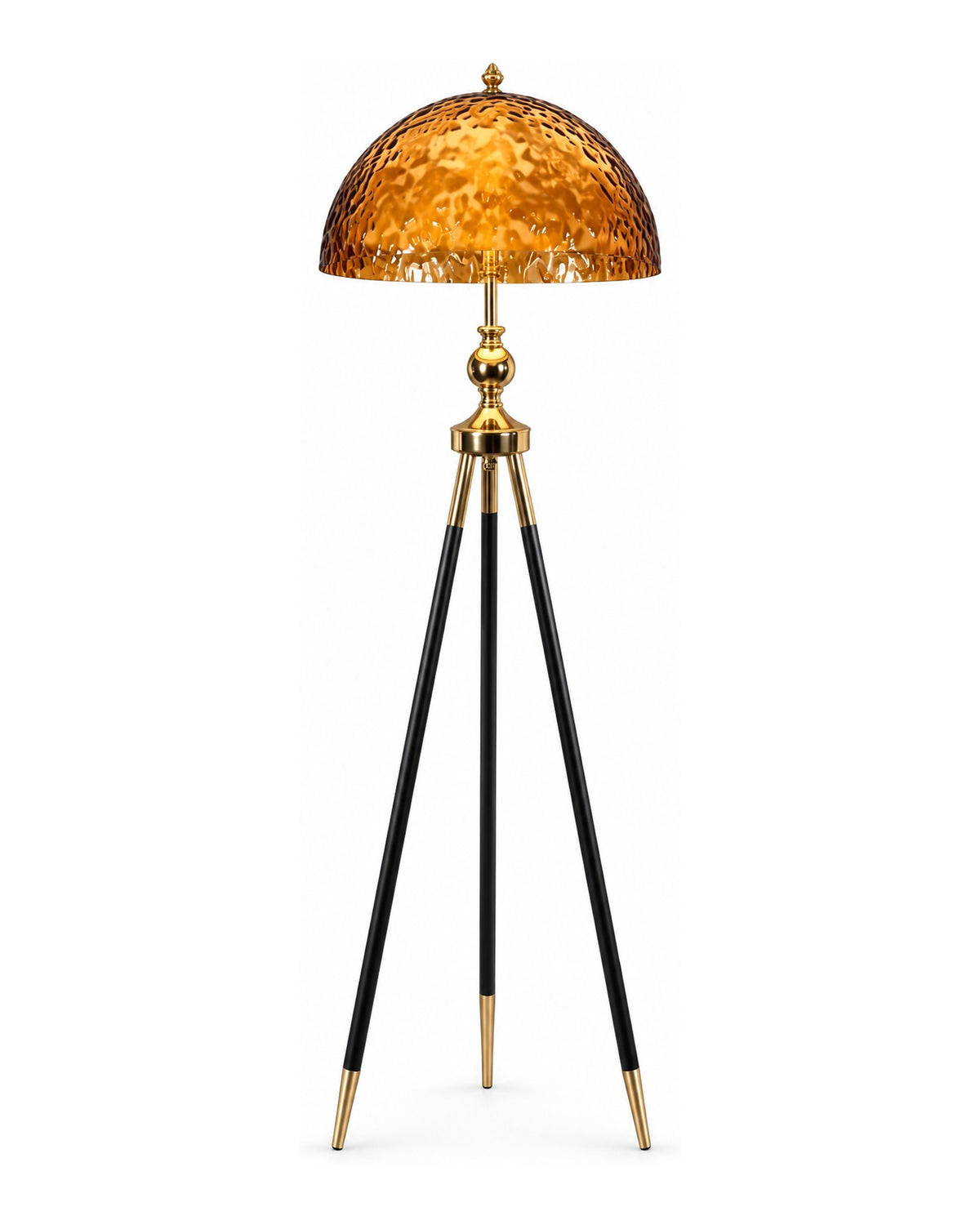 Amber Hammered Dome Tripod Floor Lamp, Black & Gold Legs