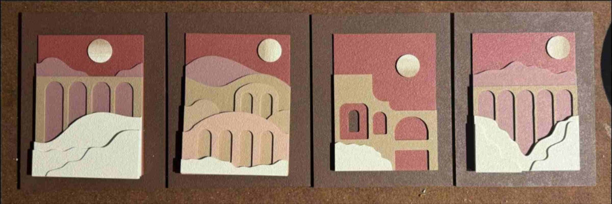 Arch & Moon Landscape Panels in Maroon and Pink – product photo of the full set