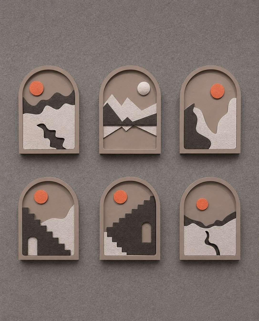 Arch-top Grey Landscape Panels with Orange Sun – product photo of the full set