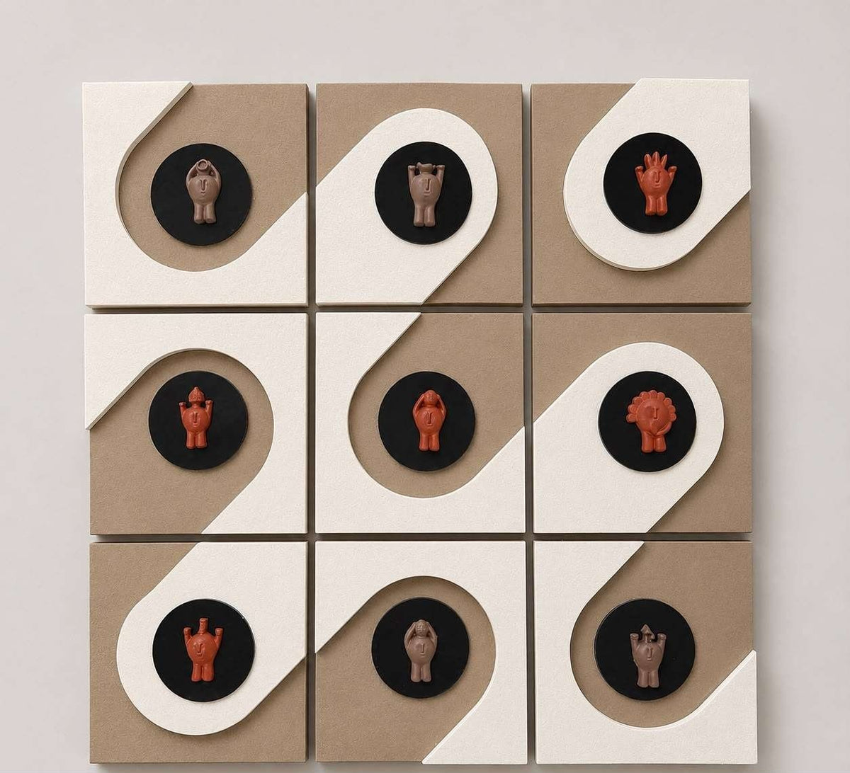 Beige & White Square Panels with Black Circle & Terracotta Figurines – product photo of the full set