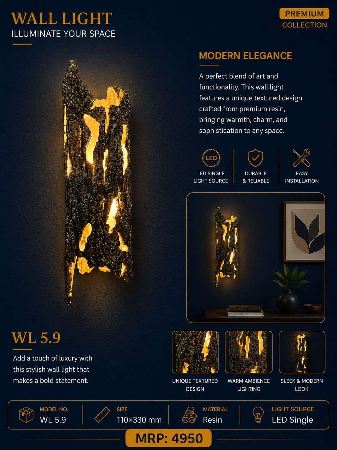 Black Bark-texture Resin Wall Light