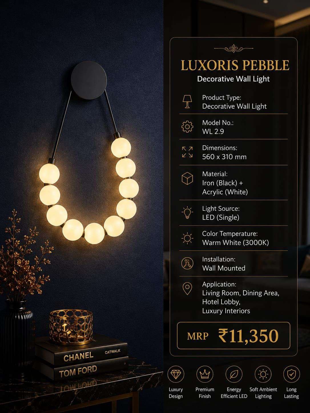 Black Disc Wall Light with Hanging Ring of Globes