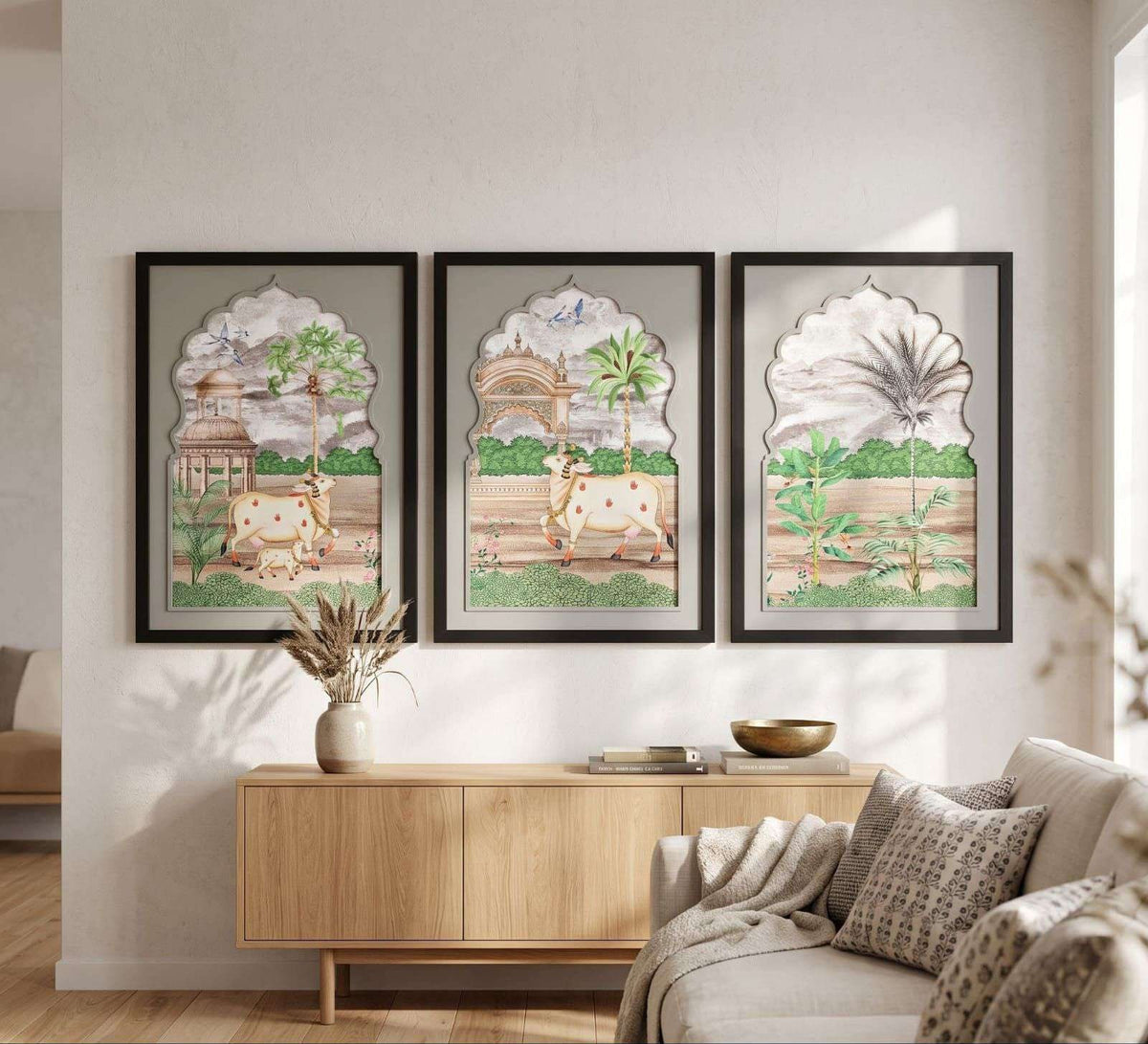 Black-framed Arch Paintings with Cows & Palace – product photo of the full set