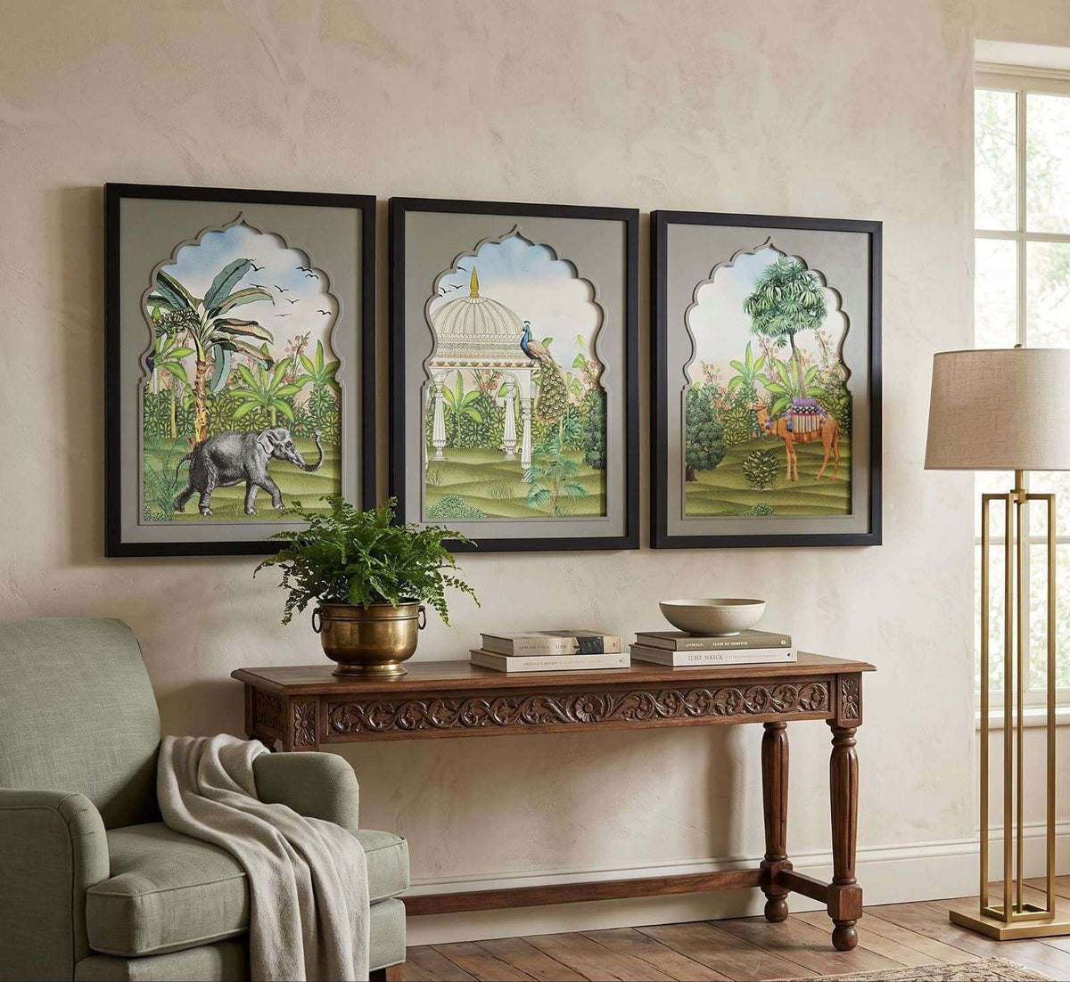 Black-framed Arch Paintings with Elephant, Peacock & Camel – product photo of the full set