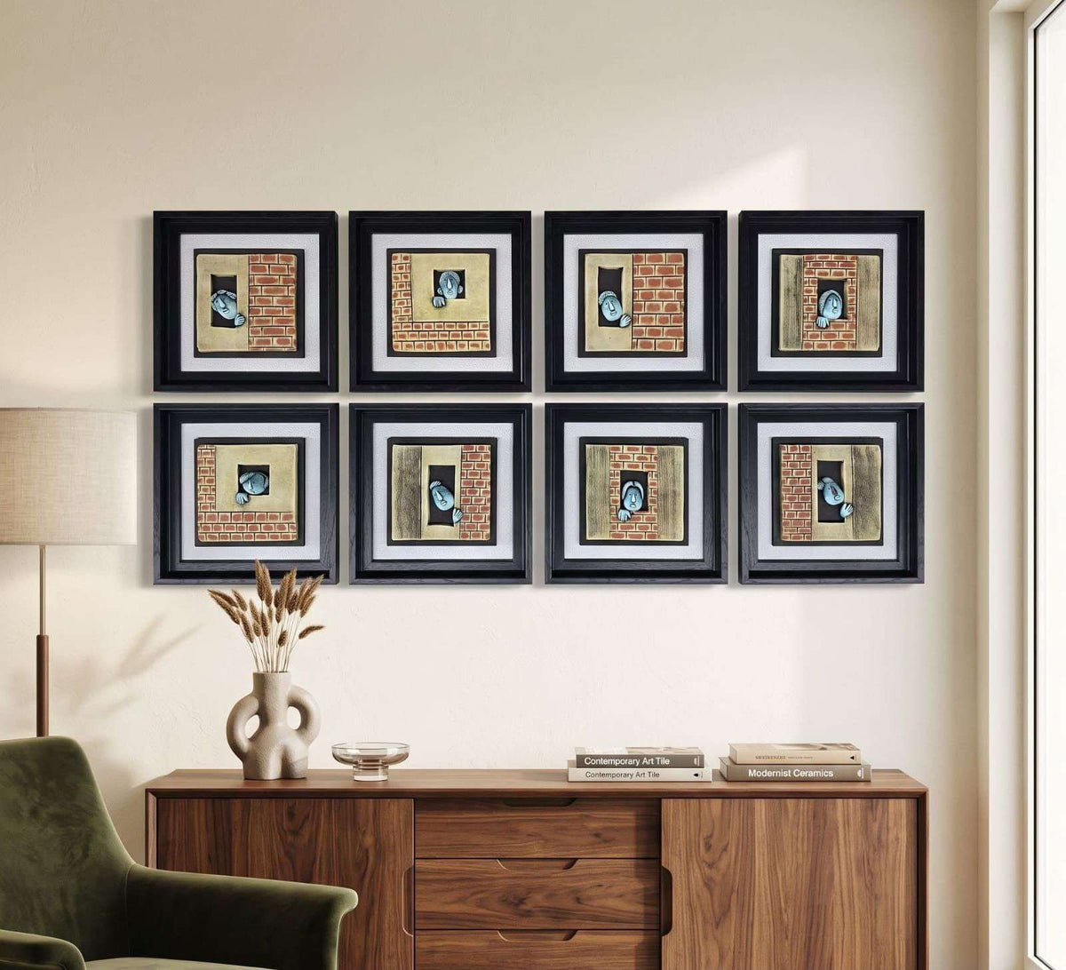 Black-framed Brick-wall Window Panels with Blue Birds – product photo of the full set
