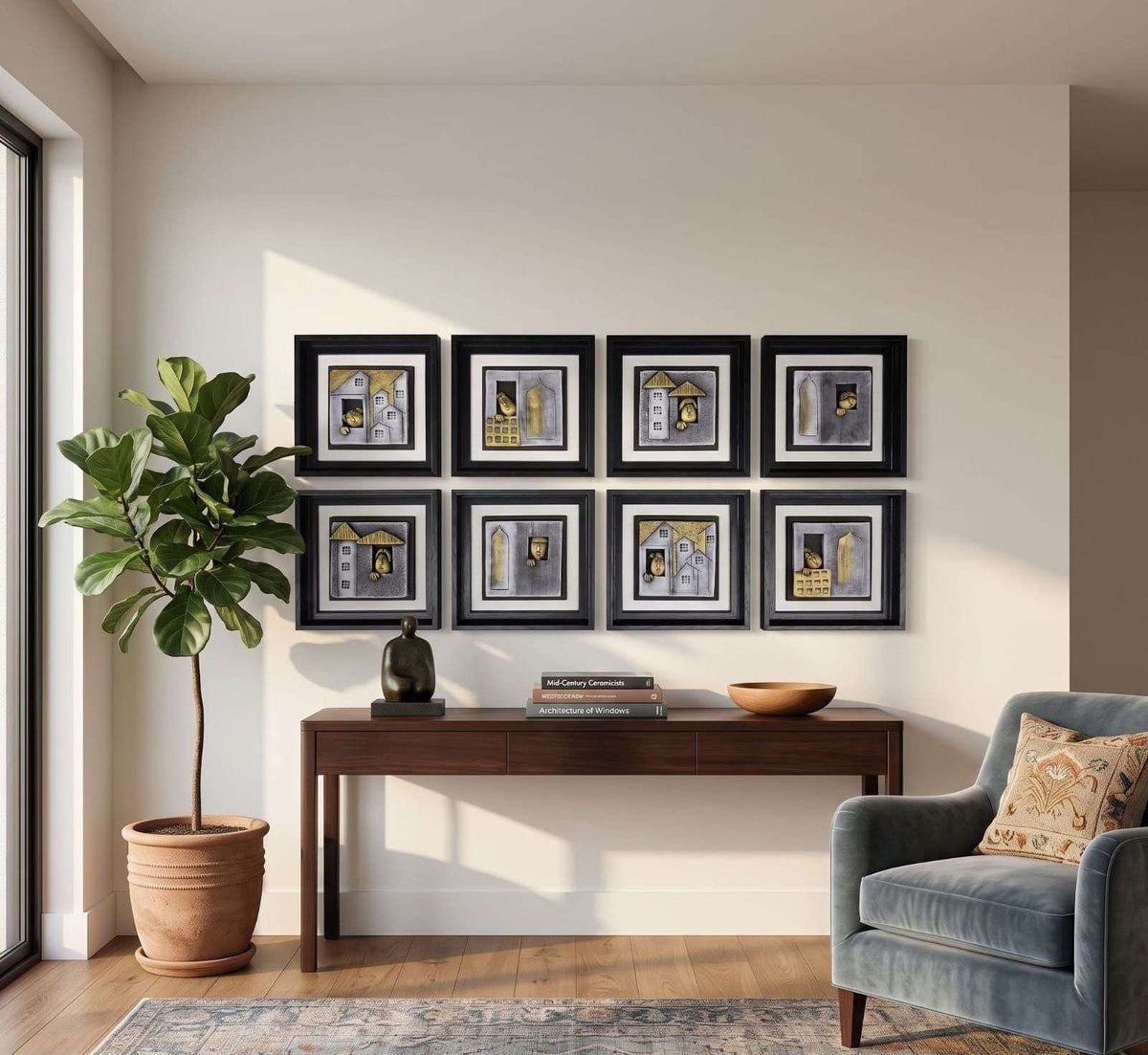 Black-framed Grey Panels with Gold House Relief – product photo of the full set