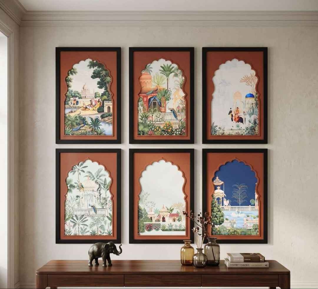Black-framed Mughal Arch Garden Paintings on Rust Mat – product photo of the full set