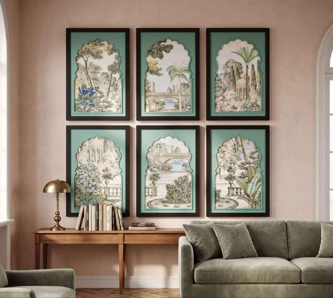 Black-framed Mughal Arch Garden Paintings on Teal Mat – product photo of the full set