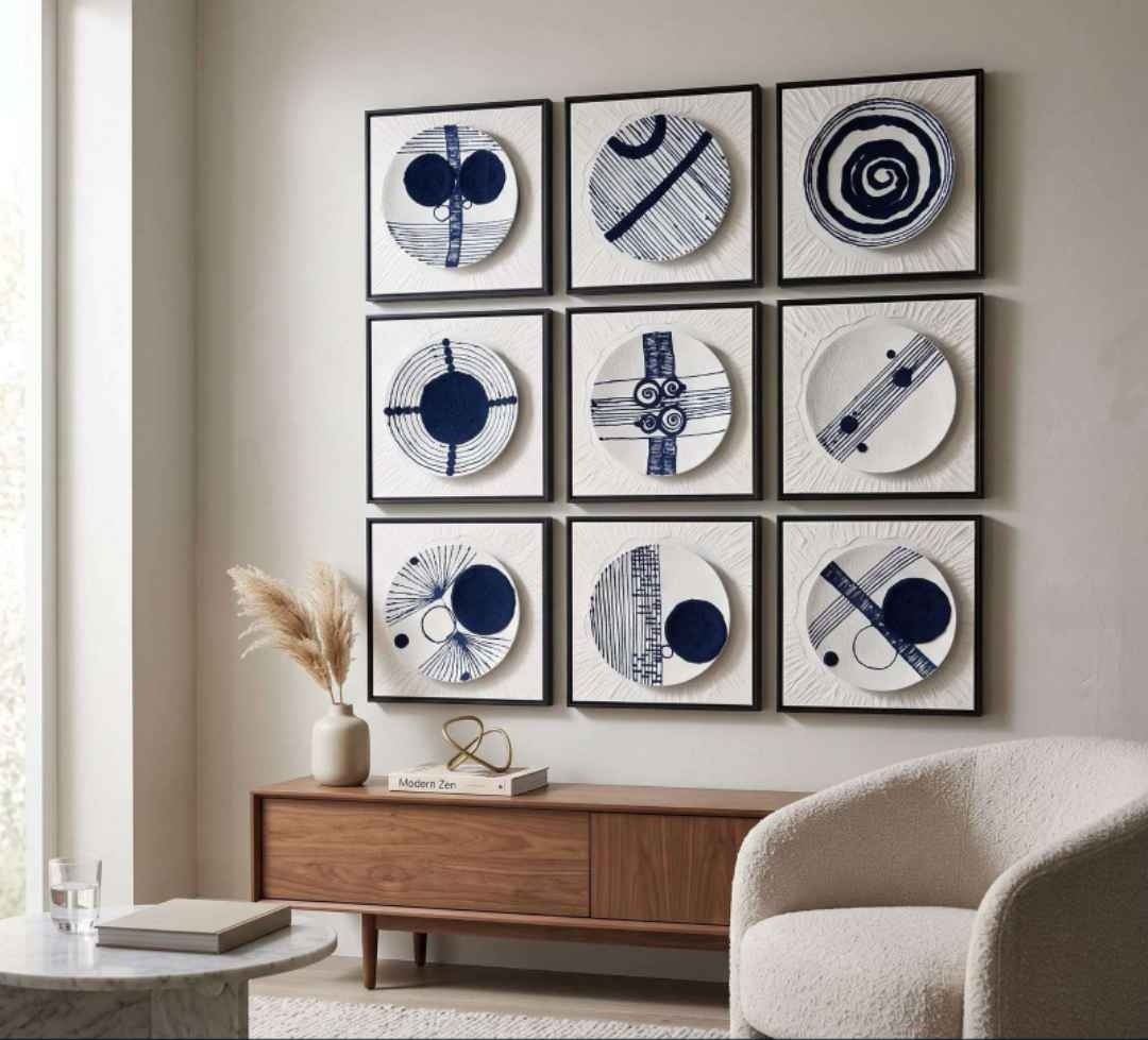 Black-framed White Panels with Indigo Plate Designs – product photo of the full set