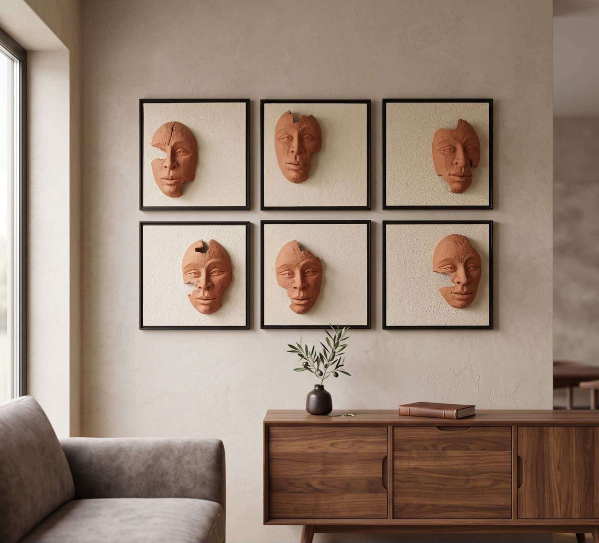 Black-framed White Panels with Terracotta Sculpted Faces – product photo of the full set