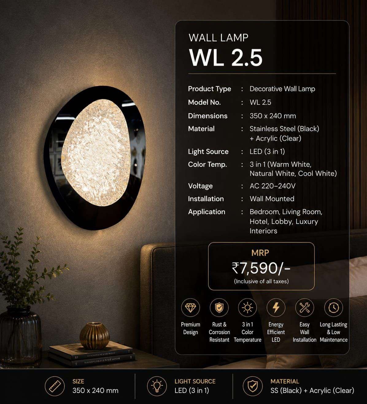 Black Ring Wall Lamp with Textured Acrylic Centre