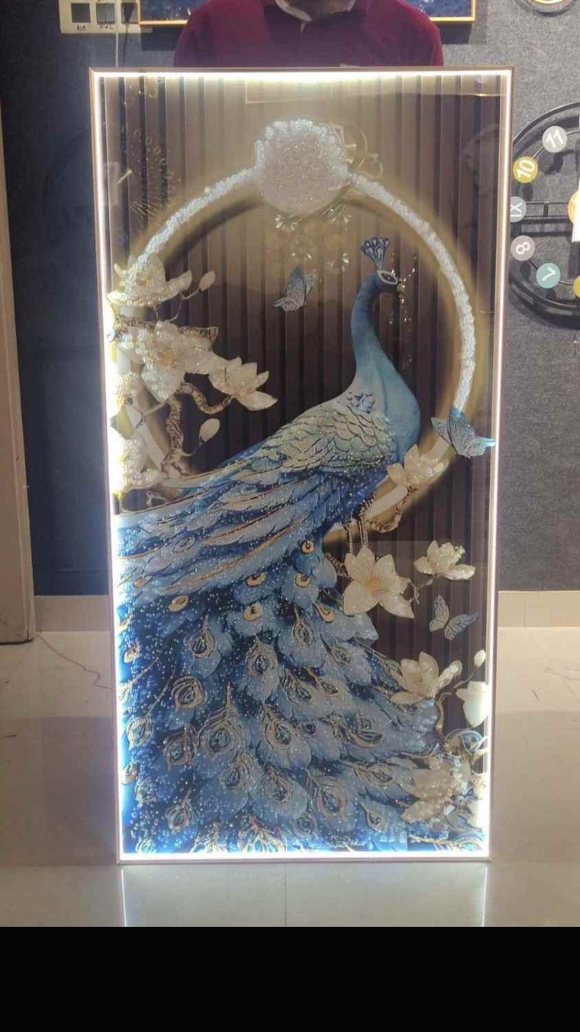 Blue Peacock with Moon Ring LED Crystal Art