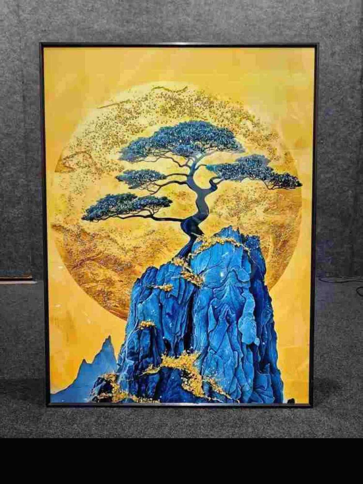 Blue Pine on Mountain with Golden Moon Crystal Wall Art