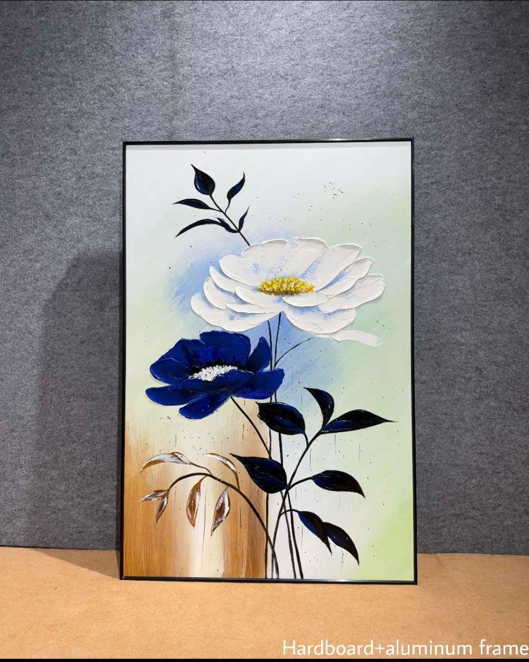 Blue & White Flowers on Pastel Textured Wall Art – close-up product photo