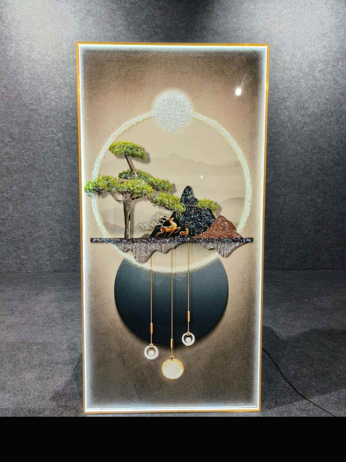 Bonsai on Floating Island with Moon Ring LED Crystal Art
