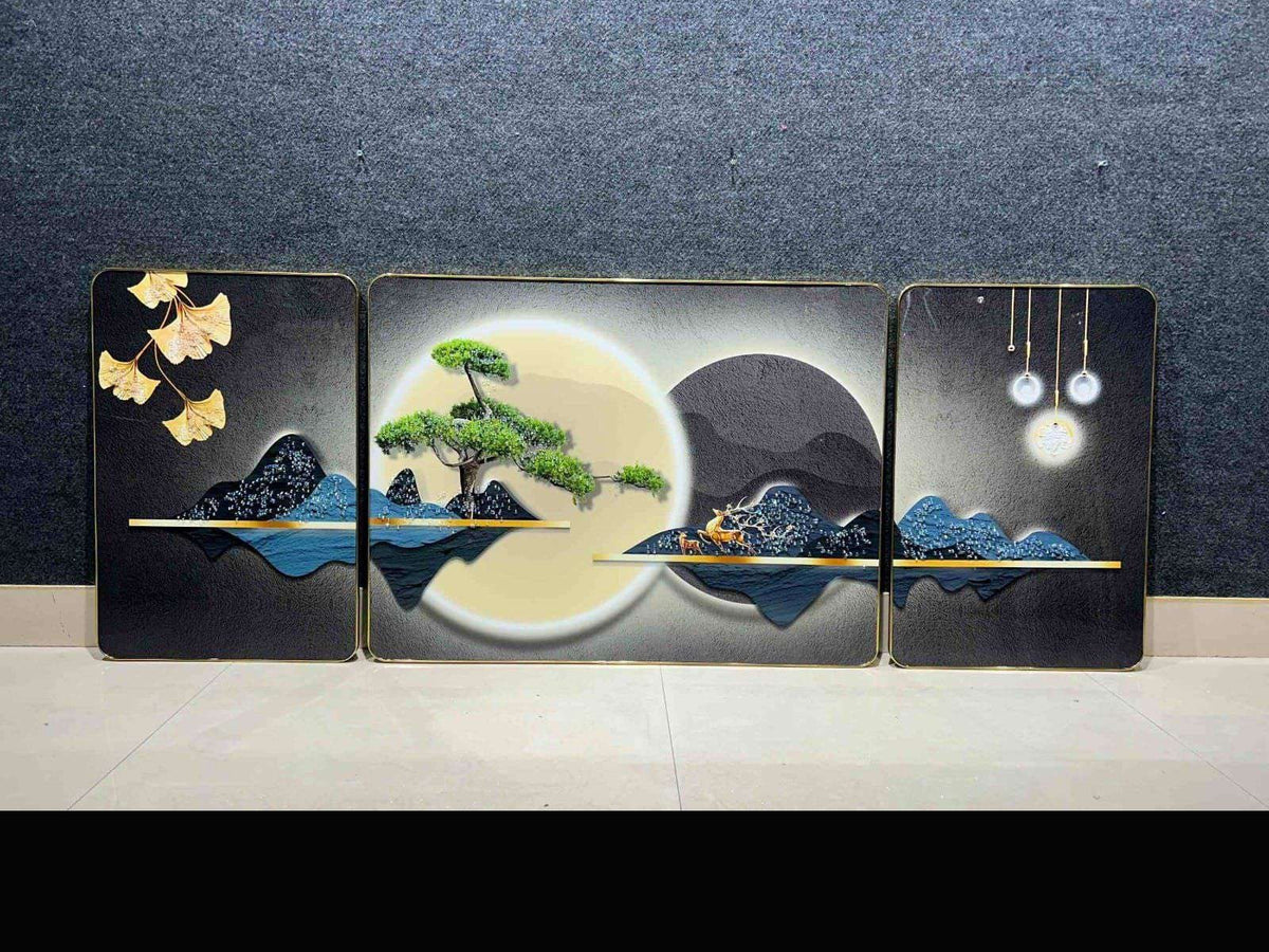 Bonsai with Moon, Ginkgo Leaves and Hanging Lamps Crystal Set of 3