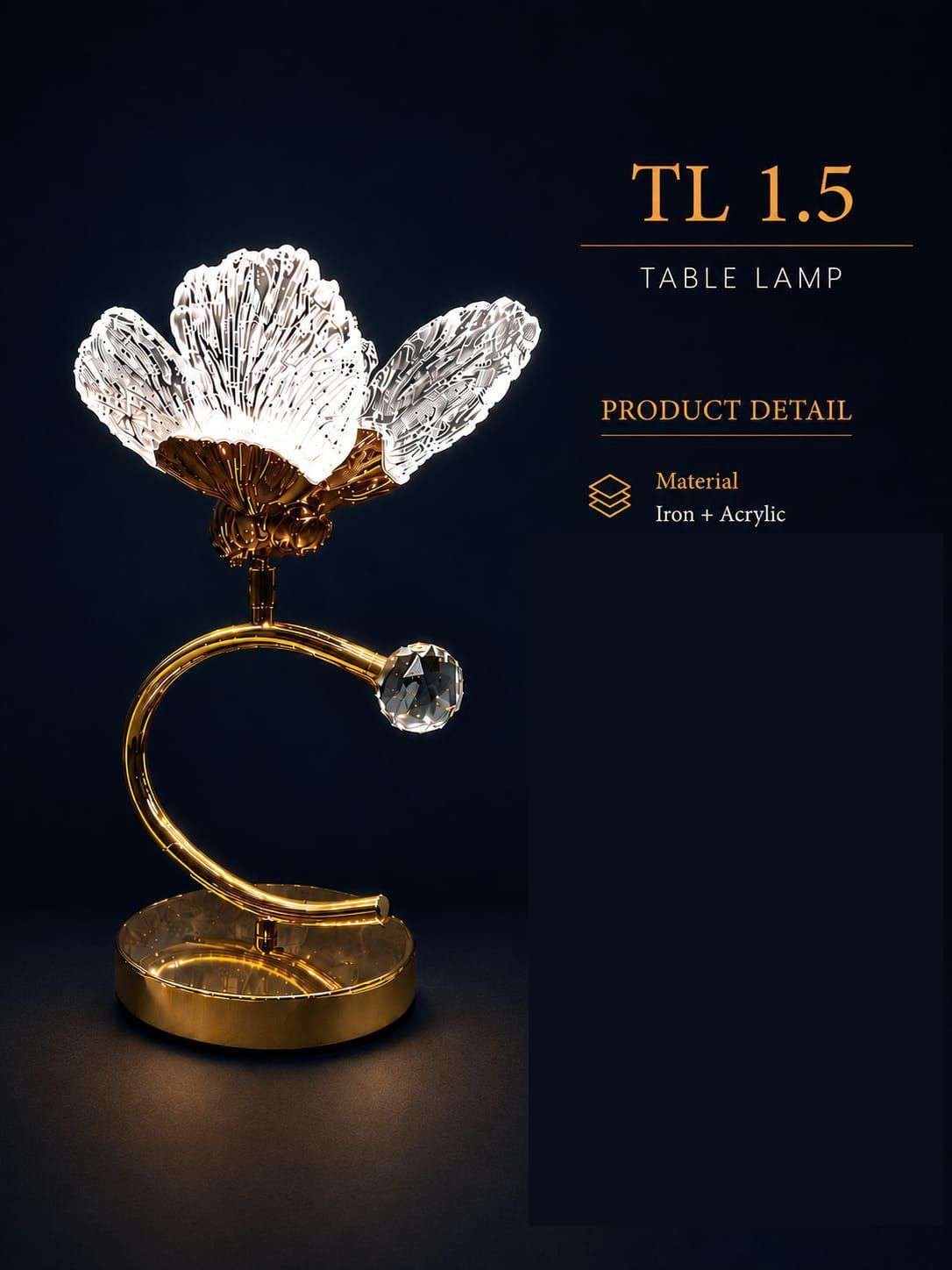 Clear Acrylic Butterfly Table Lamp on Golden C-curve Stand