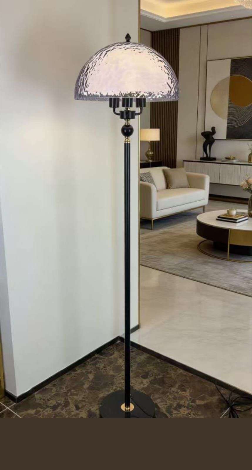 Clear Textured Dome Floor Lamp with Black Pole and Black Marble Base