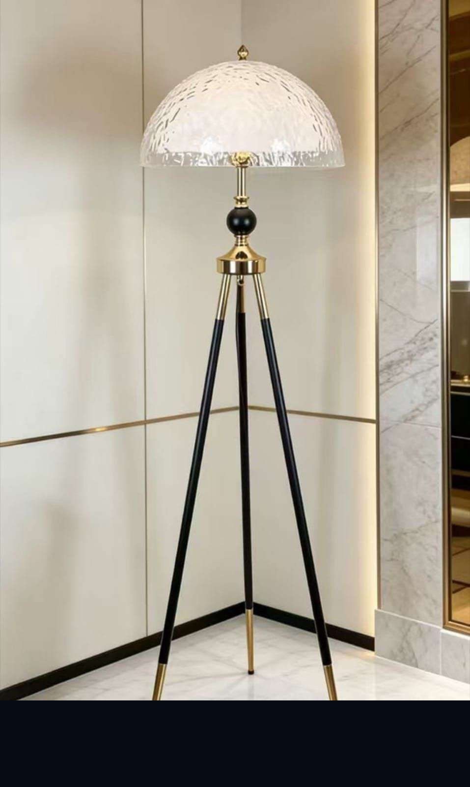 Clear Textured Dome Tripod Floor Lamp, Black & Gold Legs