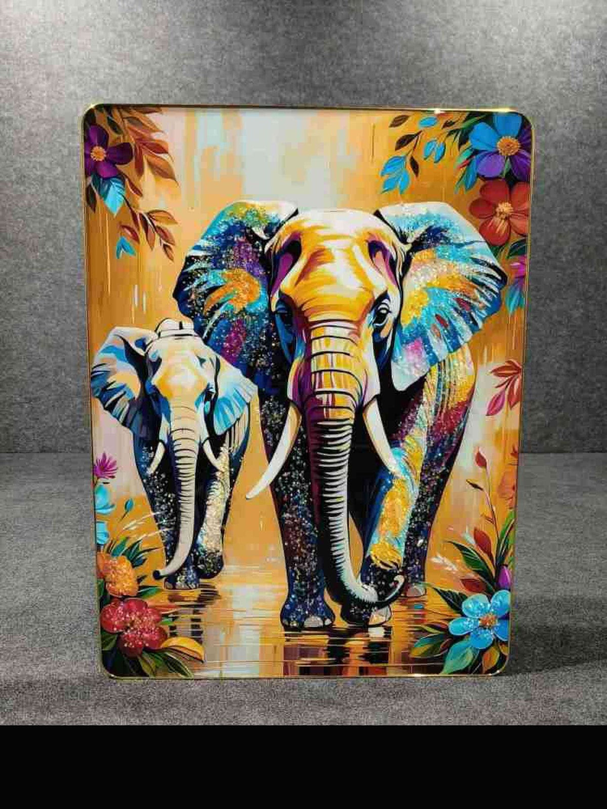 Colourful Elephants with Flowers Crystal Wall Art