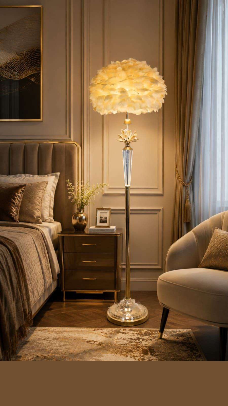 Cream Feather-shade Floor Lamp with Crystal Stem on Gold Base