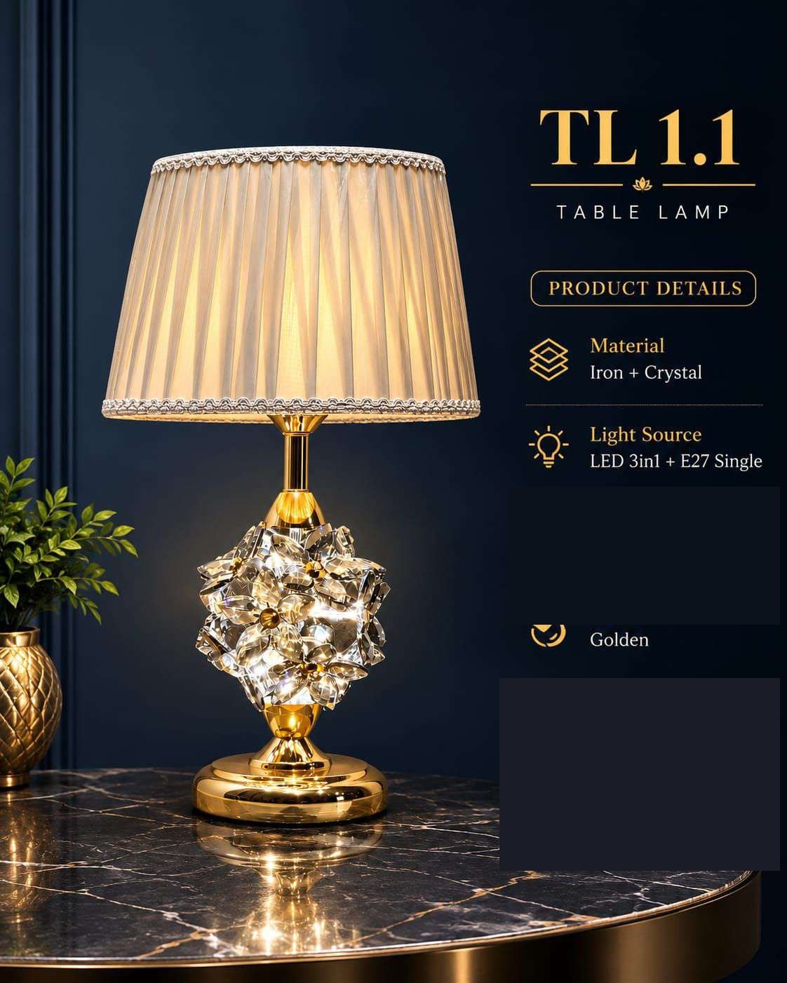 Crystal Flower-ball Table Lamp with Pleated Cream Shade