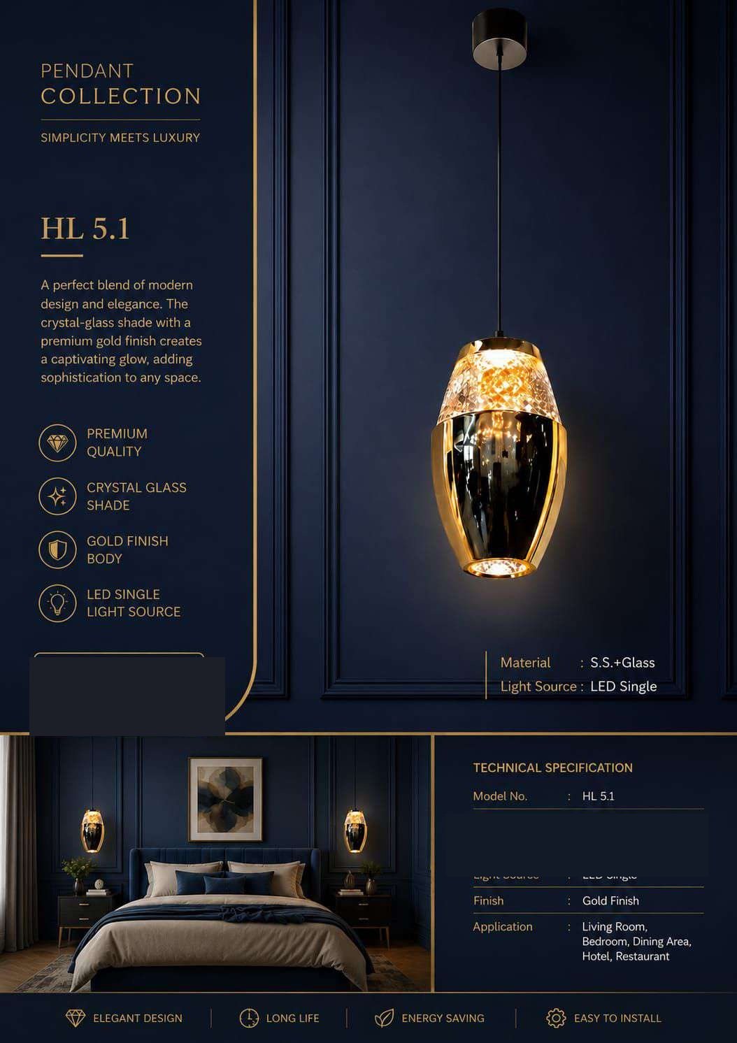 Crystal-top Egg Pendant Light – Gold