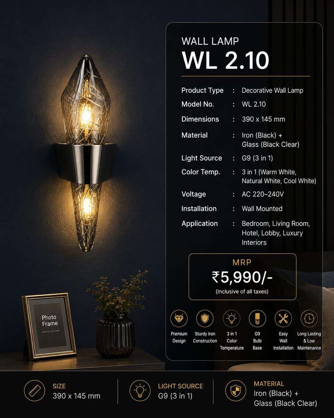 Cut-glass Torch Wall Lamp with Chrome Band – Black