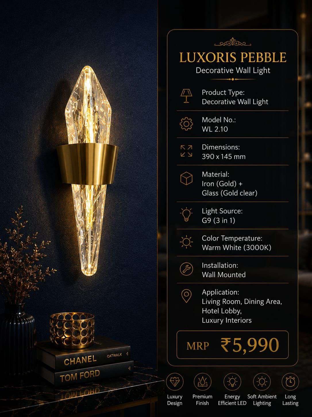 Cut-glass Torch Wall Lamp with Chrome Band – Gold