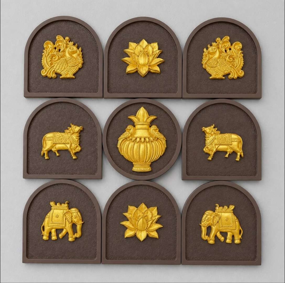 Dark Brown Arch Panels with Gold Kalash, Lotus, Cow & Elephant Relief – product photo of the full set