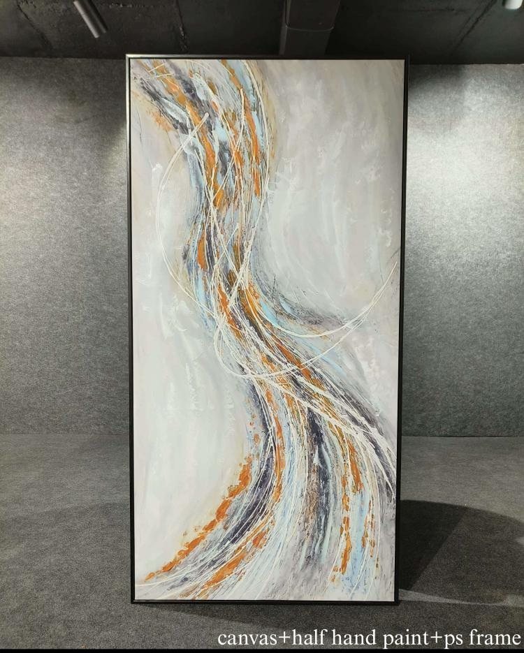 Flowing Blue, Grey & Gold Ribbon Abstract Wall Art – close-up product photo