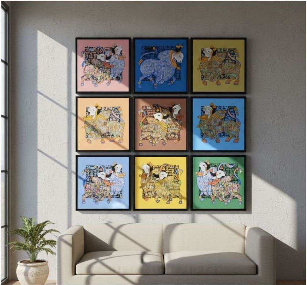 Framed Pichwai-style Cow Paintings on Colour Backgrounds – product photo of the full set