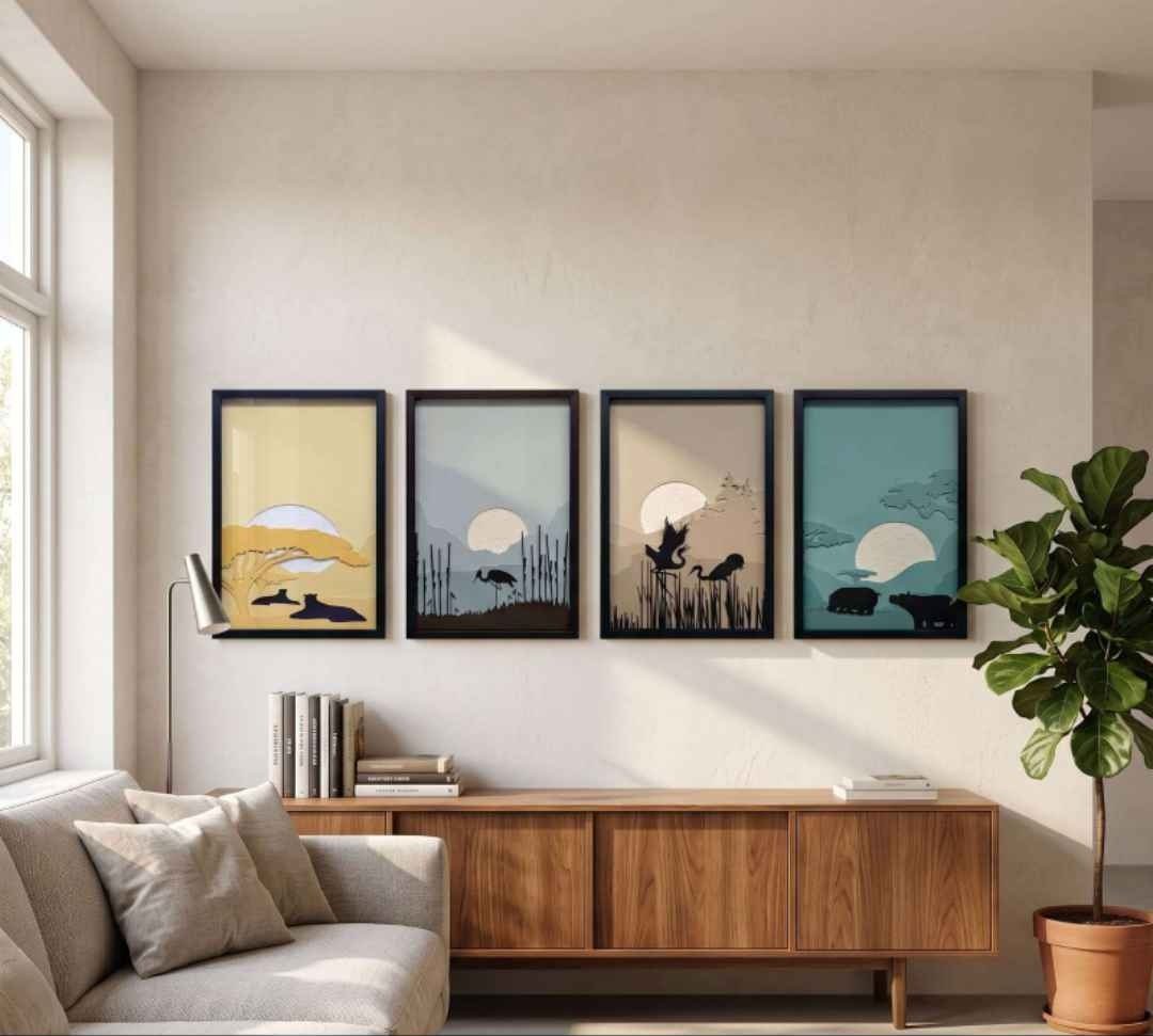 Framed Wildlife Silhouette Sunset Panels – product photo of the full set