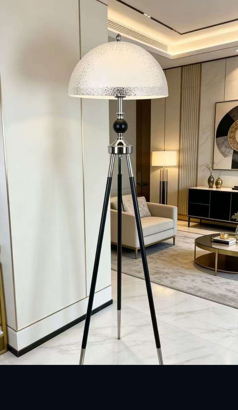 Frosted White Textured Dome Tripod Floor Lamp, Black & Chrome Legs