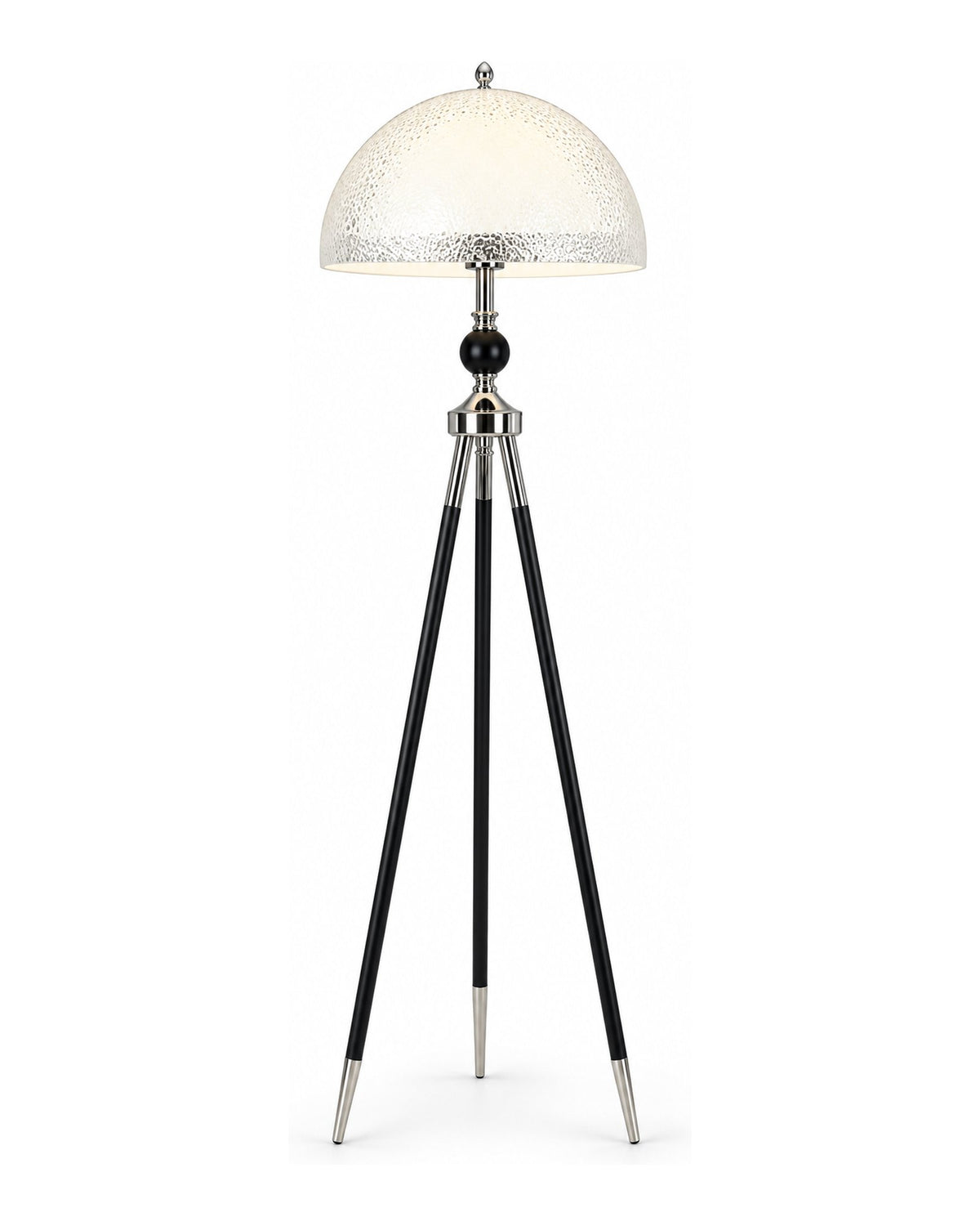 Frosted White Textured Dome Tripod Floor Lamp, Black & Chrome Legs