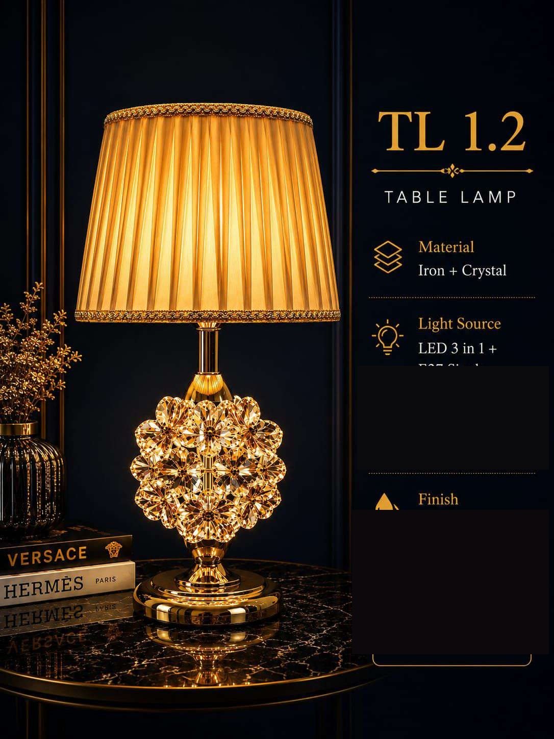 Gold Crystal Flower-ball Table Lamp with Pleated Shade