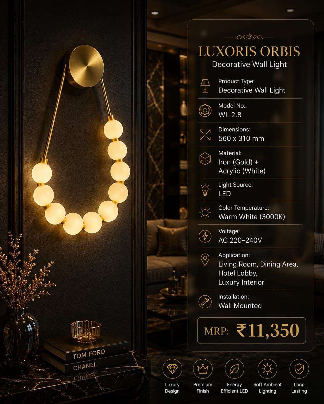 Gold Disc Wall Light with Hanging Ring of Globes