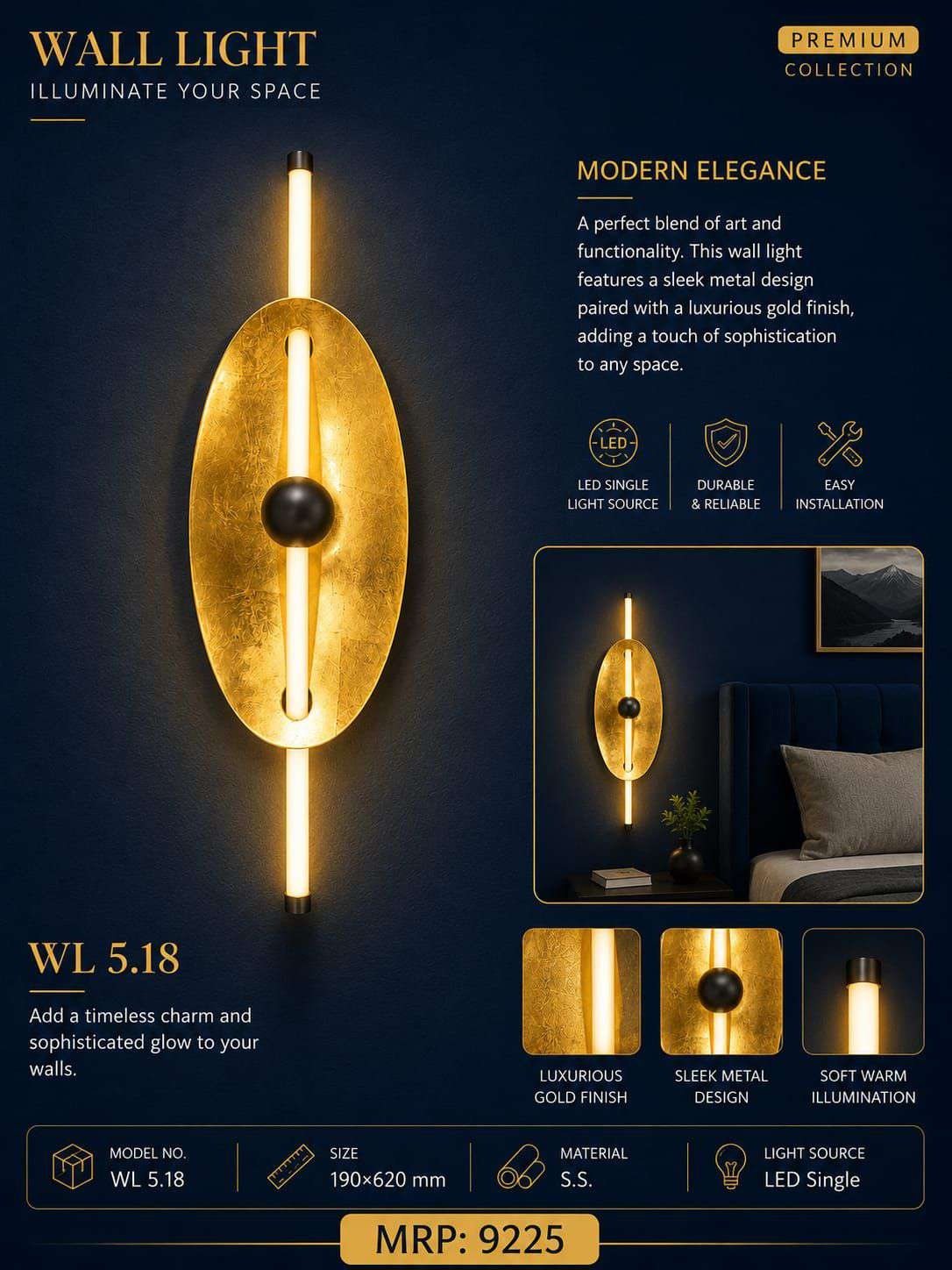 Gold-leaf Oval Wall Light with Vertical LED Tube