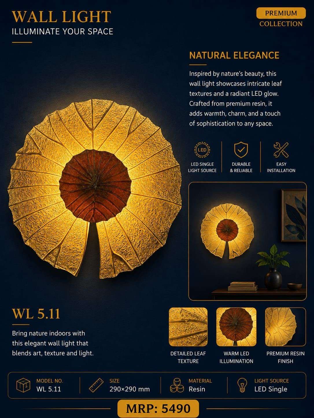 Gold Lotus-leaf Resin Wall Light