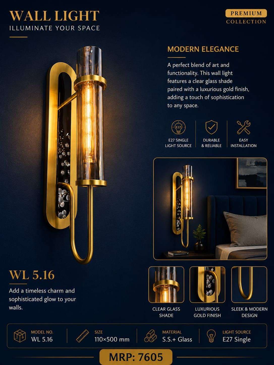 Gold Oval-frame Wall Light with Clear Glass Cylinder