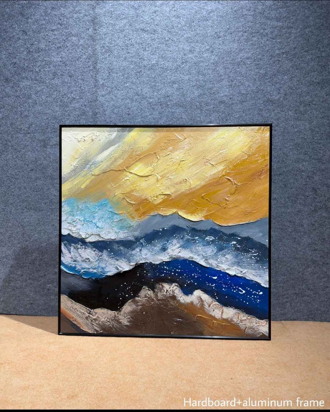 Gold Sky & Blue Wave Abstract Landscape Wall Art – close-up product photo