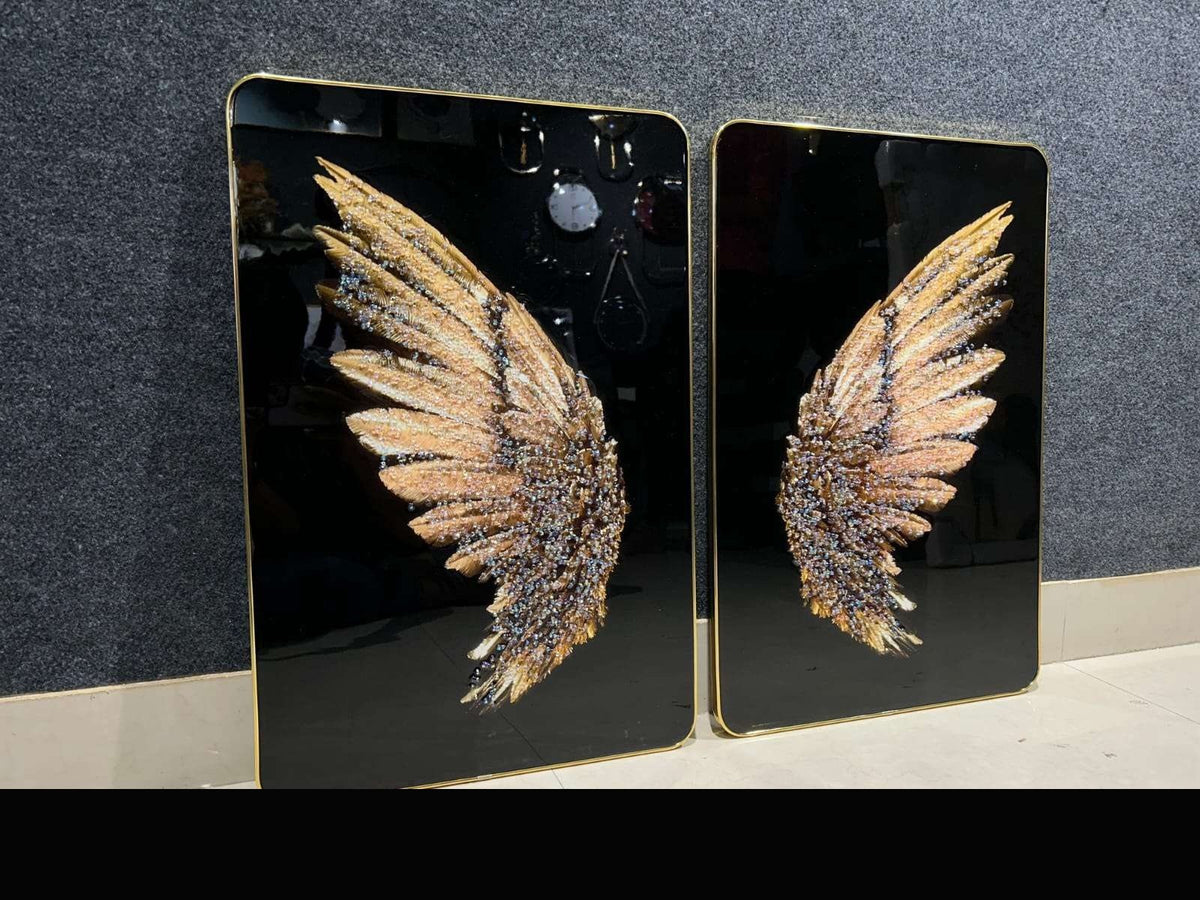 Golden Angel Wings on Black Crystal Set of 2
