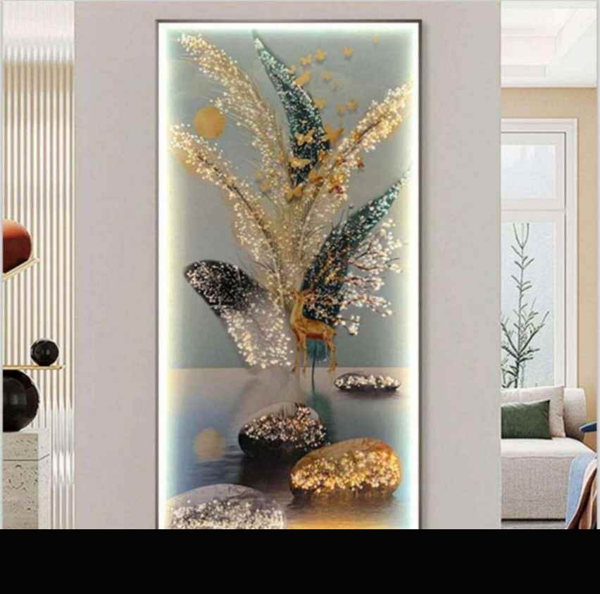 Golden Feather Plume with Pebbles LED Crystal Art
