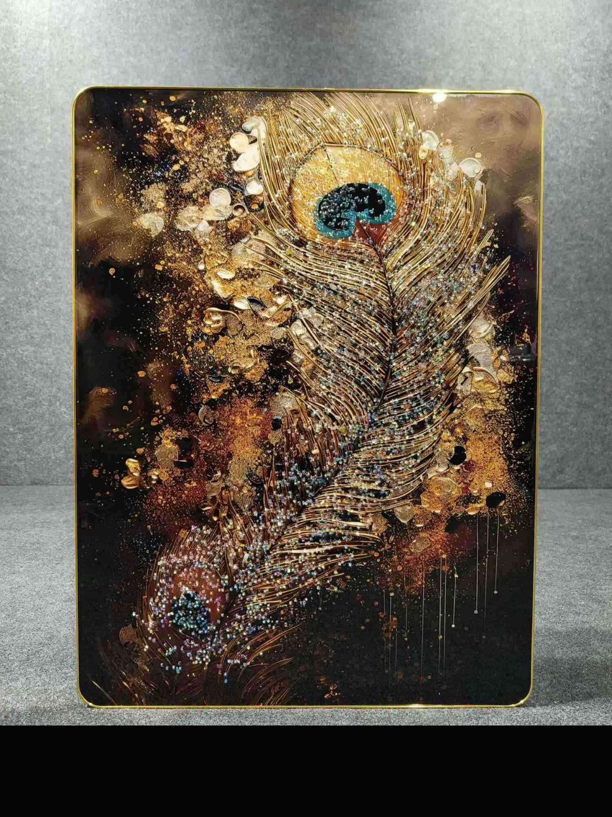 Golden Peacock Feather Crystal Wall Art