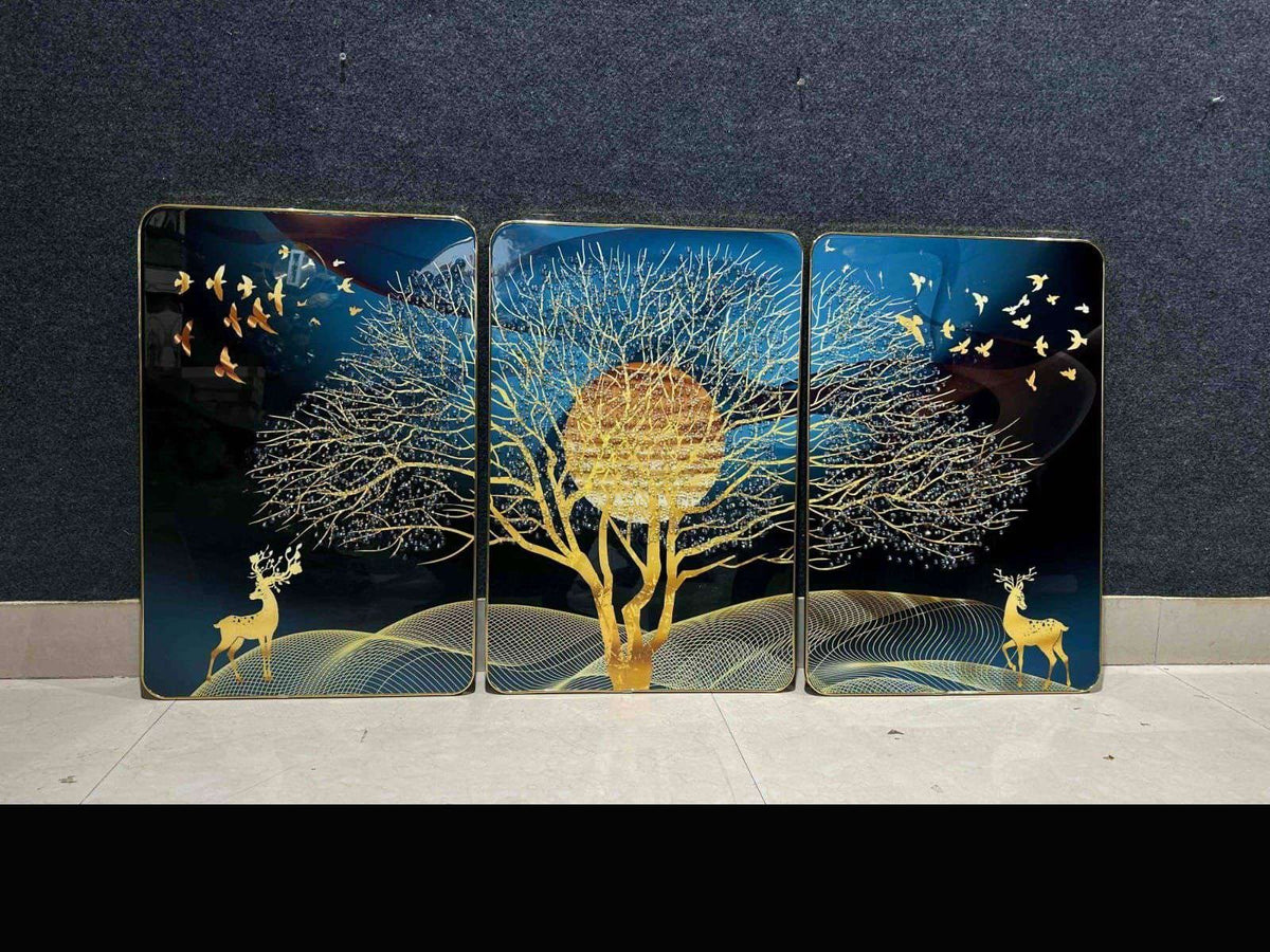 Golden Tree with Moon and Deer Crystal Set of 3