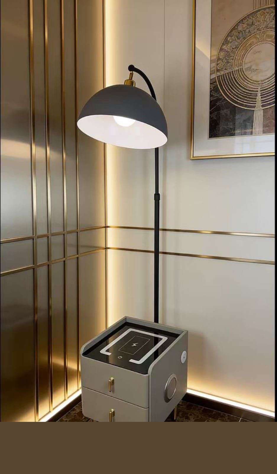 Grey Dome Arc Floor Lamp with Smart Side-table Base