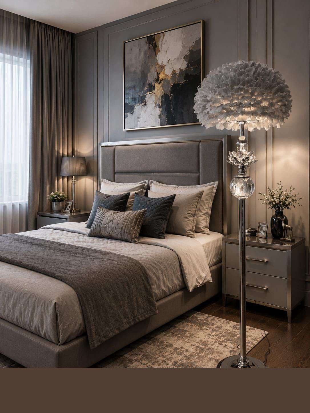 Grey Feather-shade Floor Lamp with Crystal Lotus & Ball on Chrome Stand